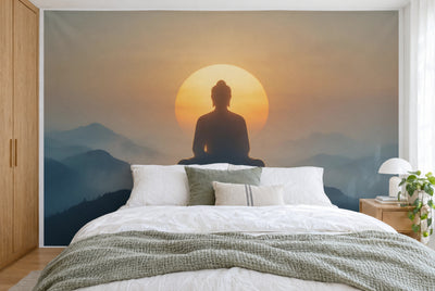 Large wall hanging Buddha Silhouette in the Rising Sun in the bedroom, wall-filling behind the bed – printed tapestry