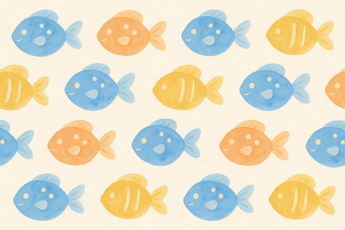 Peces de colores en filas sobre crema como estampado continuo, tapiz impreso en tela – azul y naranja