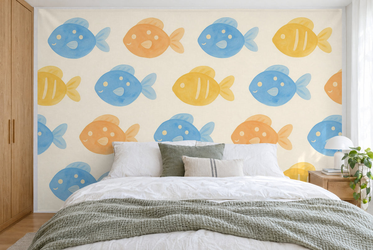 Tela impresa XXL: peces de colores en filas sobre crema, pared entera tras la cama
