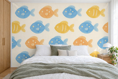 Tela impresa XXL: peces de colores en filas sobre crema, pared entera tras la cama