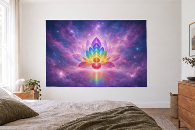 Tapiz loto de chakras en el cosmos en un dormitorio claro frente a la cama, cómoda de madera a la derecha – violeta y rosa