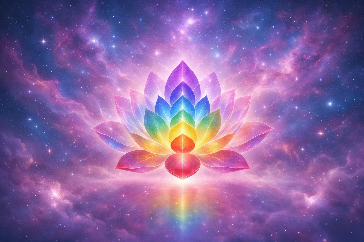 Lotus chakra lumineux en 7 couleurs arc-en-ciel au centre d'une nébuleuse violette, tenture murale imprimée sur tissu – rose