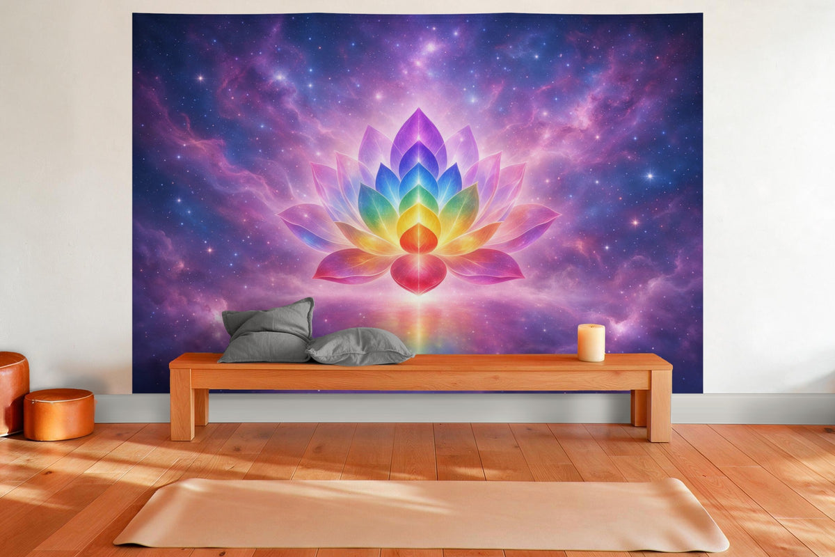 Tenture murale XXL Lotus des chakras dans le cosmos en déco murale dans une salle de yoga