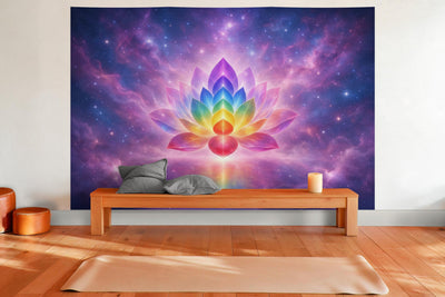 Tapiz de pared XXL Loto de chakras en el cosmos como decoración en una sala de yoga