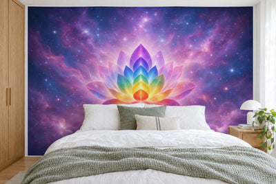 Tapiz de pared grande Loto de chakras en el cosmos en el dormitorio, cubriendo la pared detrás de la cama – tela impresa