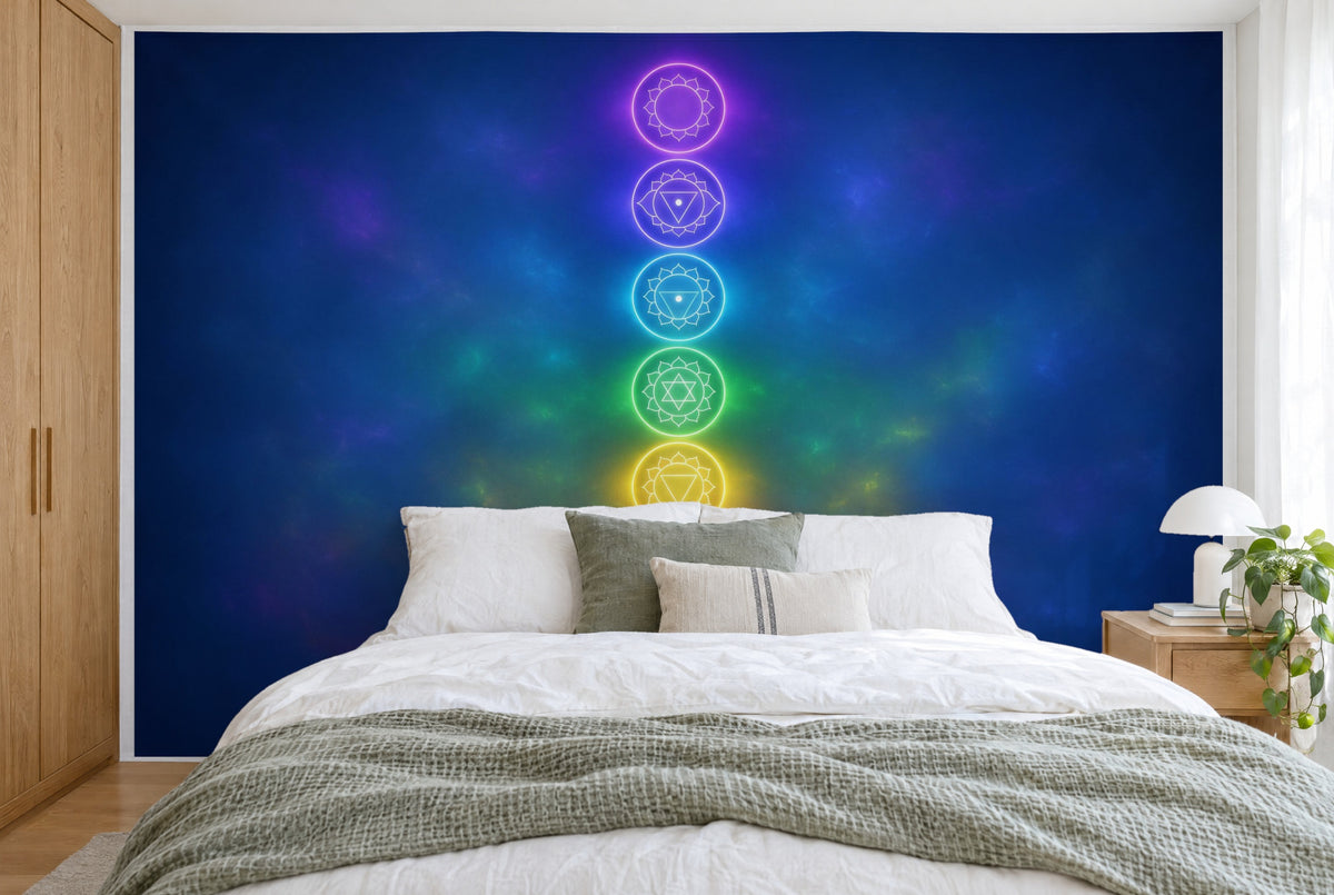 Grande tenture murale Colonne de chakras arc-en-ciel dans la chambre, sur tout le mur derrière le lit – tapisserie en tissu