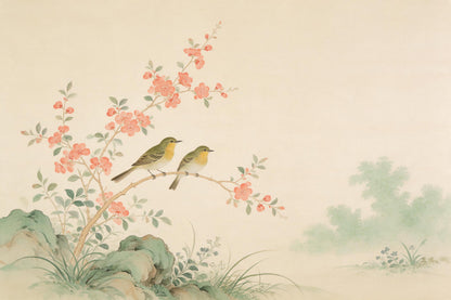 Jardín chinoiserie con dos pájaros cantores en rama rosa, tapiz impreso en tela – verde y rosa