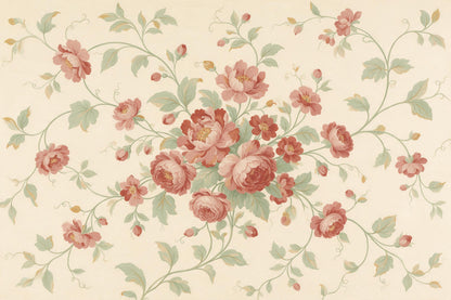 Chintz-Blumenstrauss mit Pfingstrosen mittig, Ranken auf Creme, als Wandtuch, auf Stoff gedruckt – Altrosa und Grün