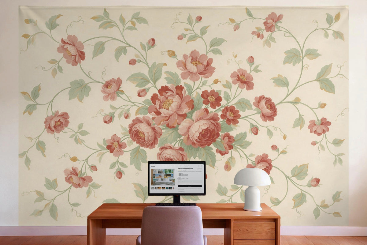 Wall decor in a home office behind the desk: printed fabric tapestry Chintz Floral Vines in Old Rose