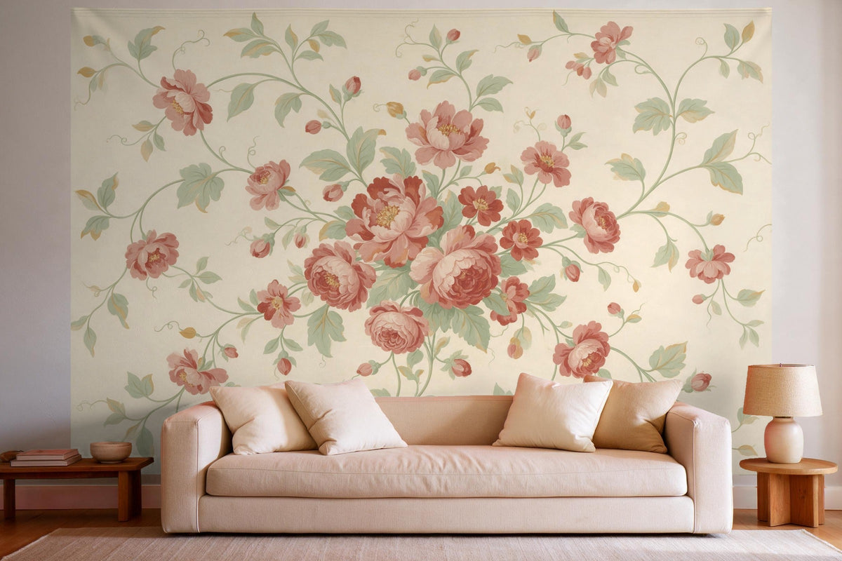 XXL wall tapestry Chintz Floral Vines in Old Rose as wall decor in a bright living room above the sofa