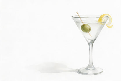Cocktailglas mit grüner Olive und Zitronenzeste rechts auf weissem Grund, als Wandtuch, auf Stoff gedruckt – Grün und Gelb