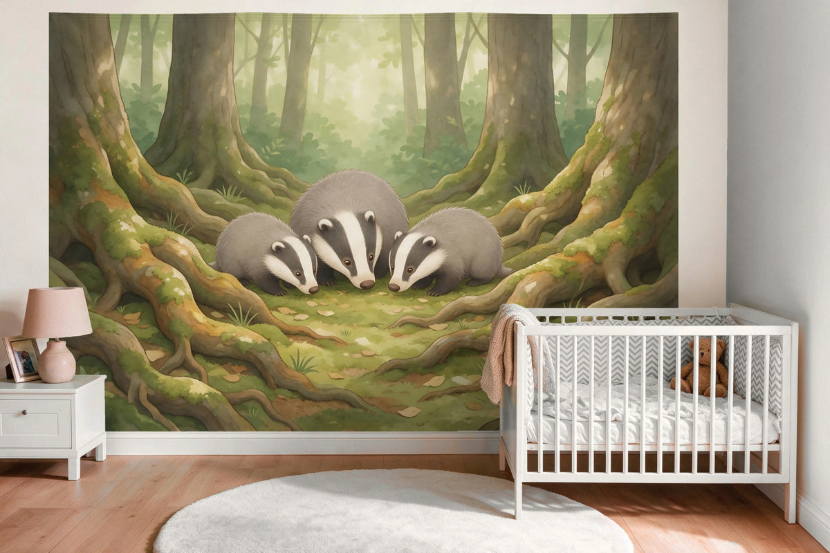 Wandtuch XXL Dachsfamilie zwischen Baumwurzeln als Wanddeko im Babyzimmer über dem Babybett