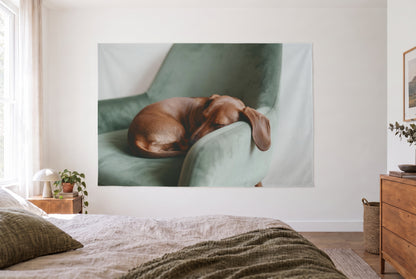 Wandtuch Schlafender Dackel im Sessel im hellen Schlafzimmer gegenüber dem Bett, rechts eine Holzkommode – Braun und Grün