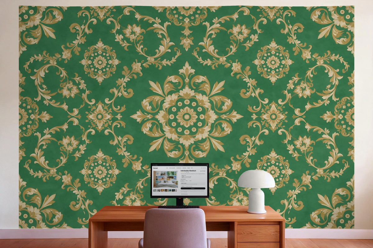 XXL wall tapestry Damask Pattern in Emerald and Gold as wall decor in a home office behind the desk