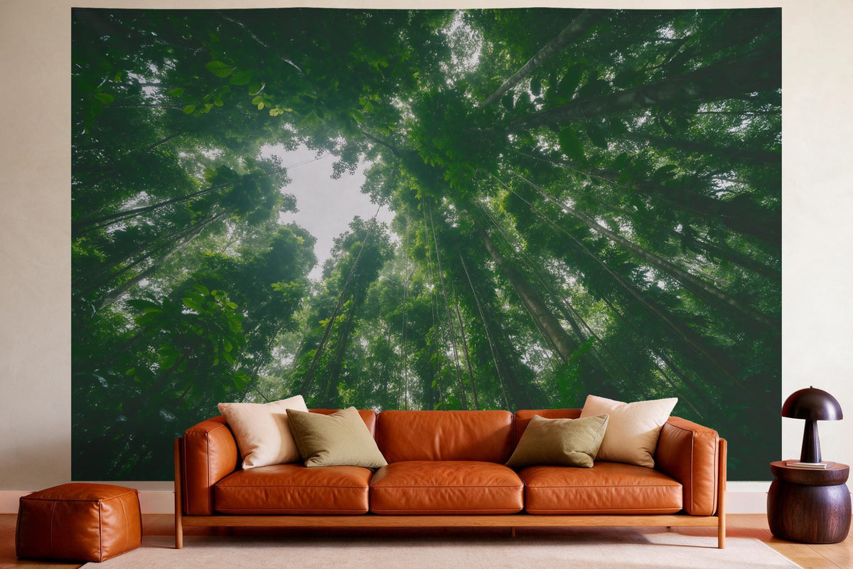 Tapiz de pared XXL Dosel de la selva desde abajo como decoración en un salón acogedor sobre el sofá de cuero