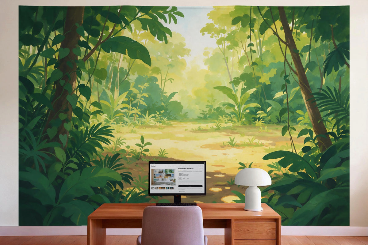 Wall decor in a home office behind the desk: printed fabric tapestry Jungle Clearing in the Morning