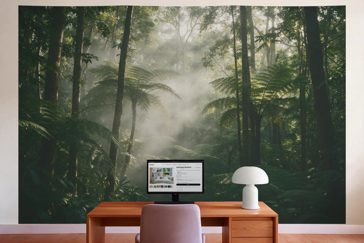 Decoración de pared en la oficina detrás del escritorio: tapiz de tela Selva en la niebla matinal