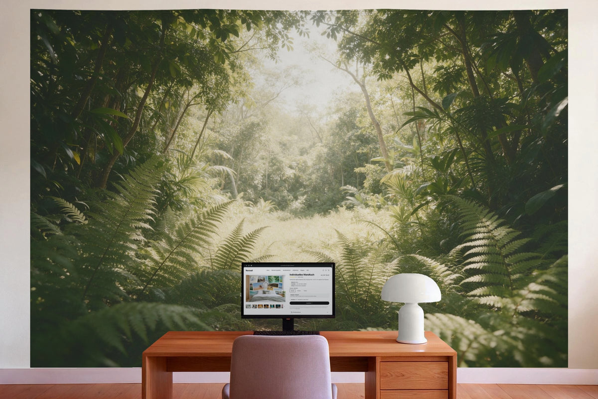 Decoración de pared en la oficina detrás del escritorio: tapiz de tela Claro de selva con helechos gigantes