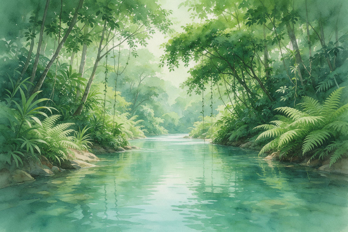 Selva densa con río tranquilo, lianas y helechos, tapiz impreso en tela – verde y turquesa