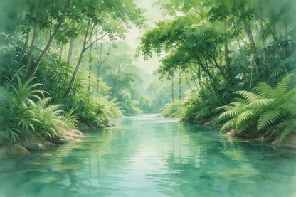 Selva densa con río tranquilo, lianas y helechos, tapiz impreso en tela – verde y turquesa