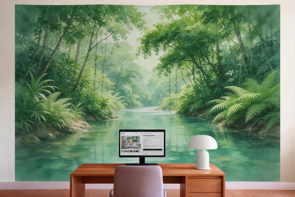 Wall decor in a home office behind the desk: printed fabric tapestry Jungle River with Vines and Ferns