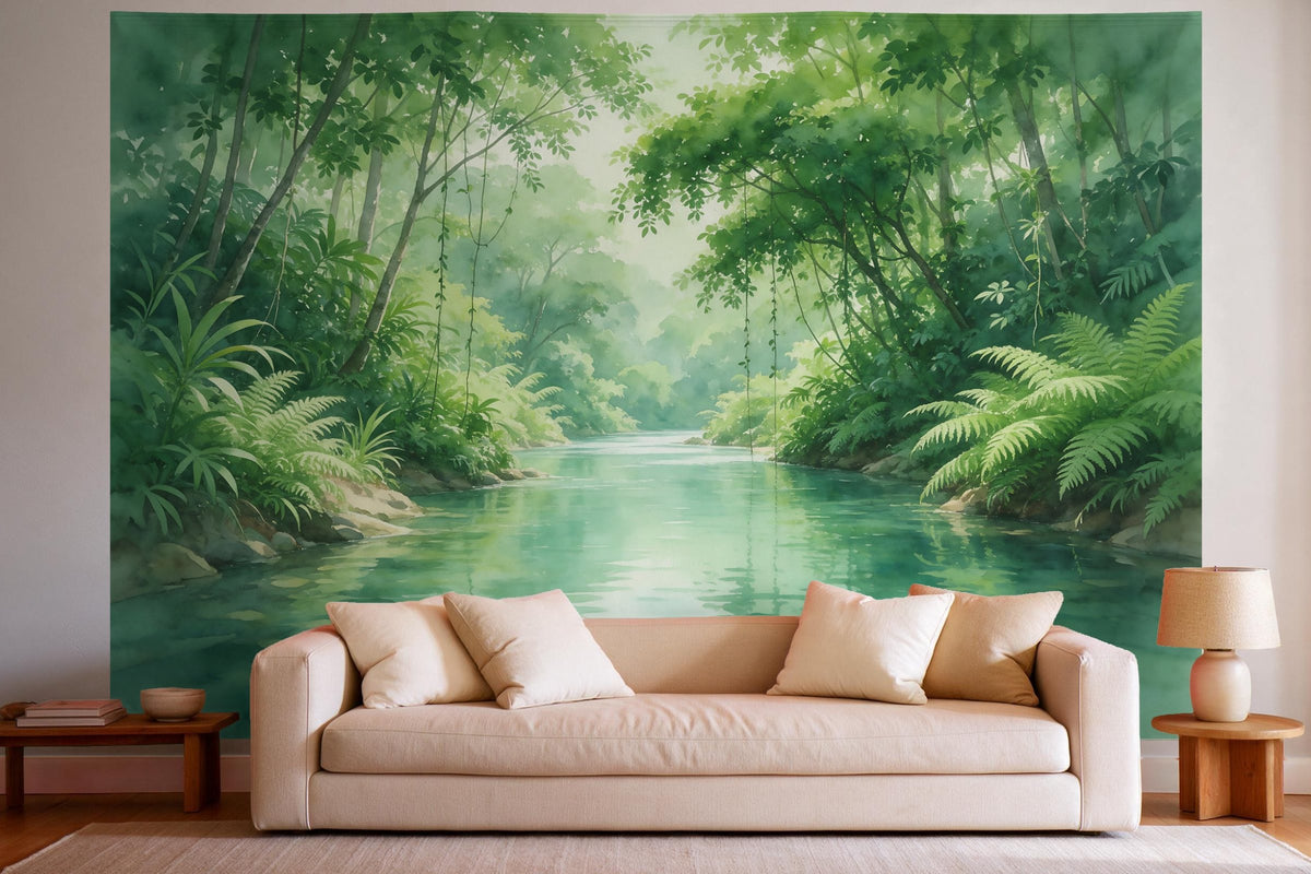 XXL wall tapestry Jungle River with Vines and Ferns as wall decor in a bright living room above the sofa