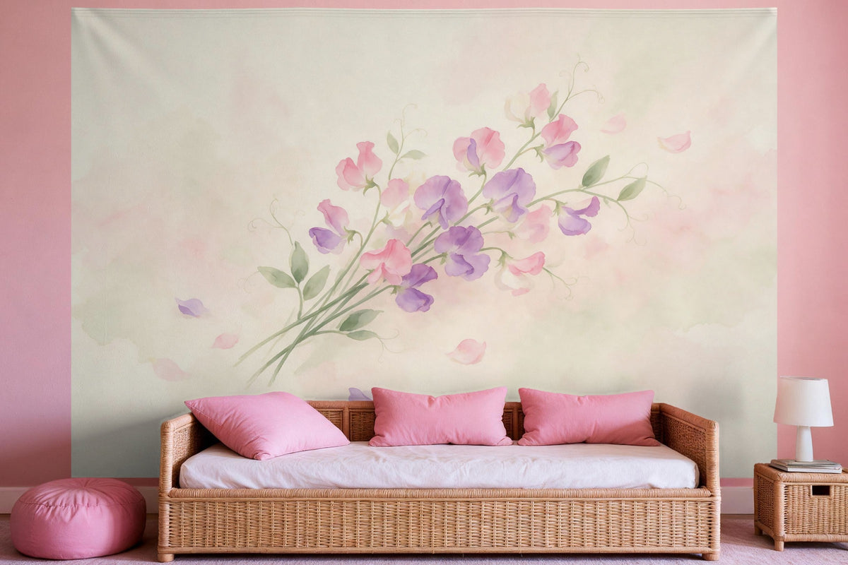 Tapiz de pared XXL Guisantes de olor en acuarela como decoración en un dormitorio de niña