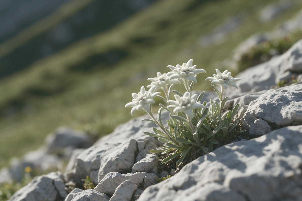 Edelweiss aux feuilles étoilées laineuses dans une faille de calcaire, tenture murale imprimée sur tissu – blanc et vert