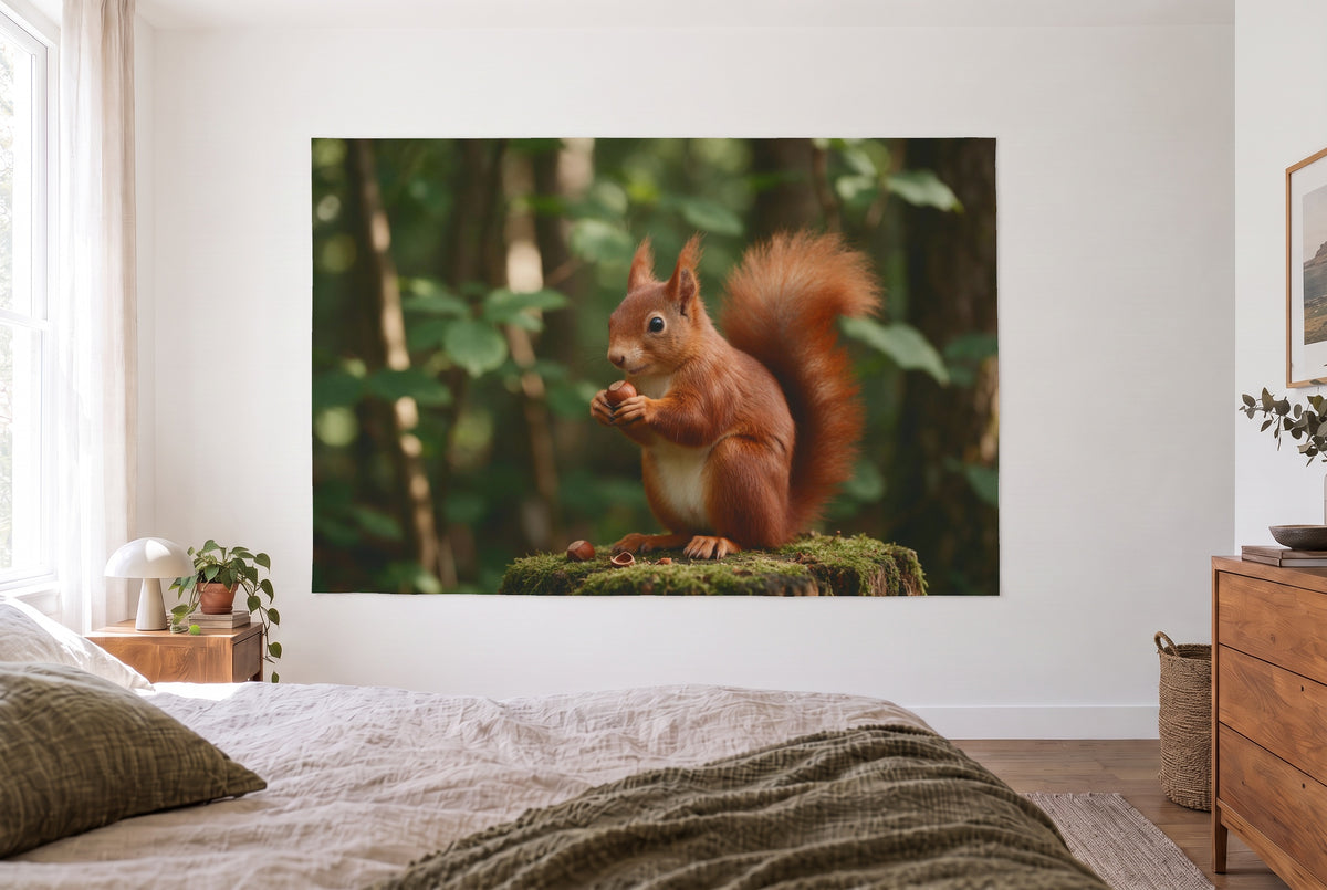 Wandtuch Eichhörnchen mit Haselnuss im hellen Schlafzimmer gegenüber dem Bett, rechts eine Holzkommode – Rot und Grün