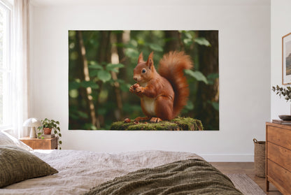 Wandtuch Eichhörnchen mit Haselnuss im hellen Schlafzimmer gegenüber dem Bett, rechts eine Holzkommode – Rot und Grün