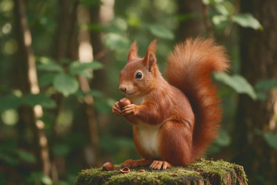 Écureuil roux avec noisette sur une souche moussue devant une forêt verte, tenture murale imprimée sur tissu – rouge et vert