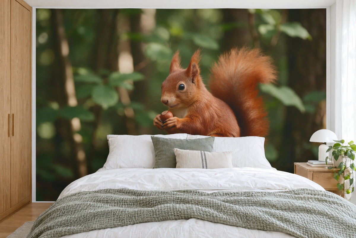 Bedruckter Stoff im XXL-Format: rotes Eichhörnchen mit buschigem Schwanz vor grünem Laub, wandfüllend hinter dem Bett
