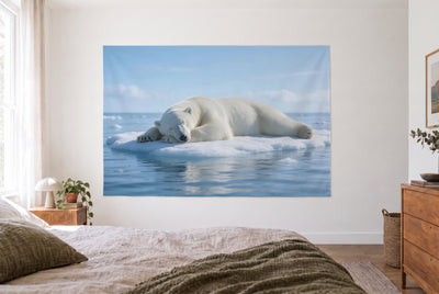 Polar bear on the ice floe tapestry in a bright bedroom opposite the bed, wooden dresser on the right – blue and white