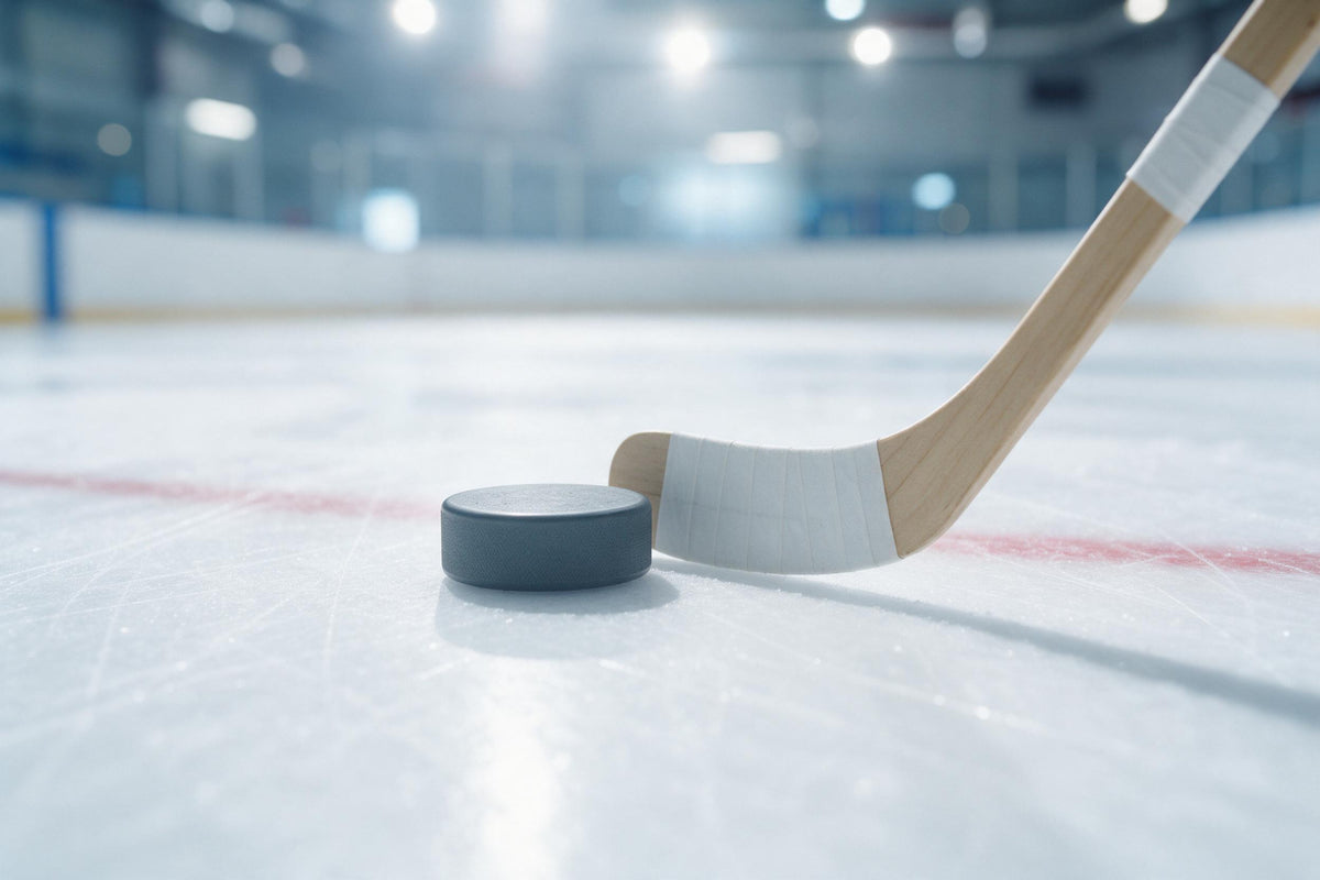 Disco de hockey junto a la pala clara de un stick con cinta blanca sobre el hielo, tapiz impreso en tela – azul y rojo
