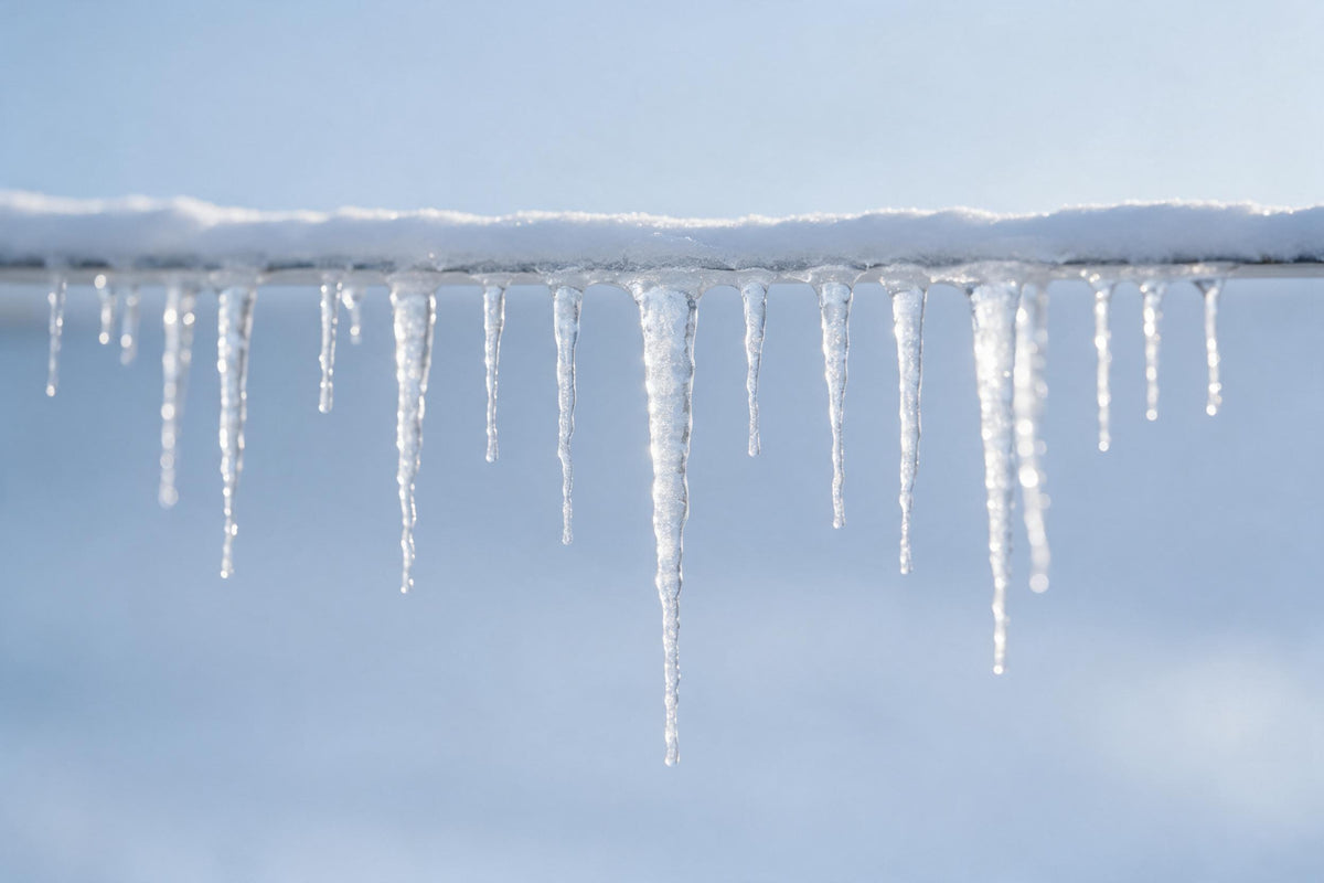 Clear icicles on a snow-covered roof edge before a pale blue winter sky, tapestry printed on fabric – ice blue and white