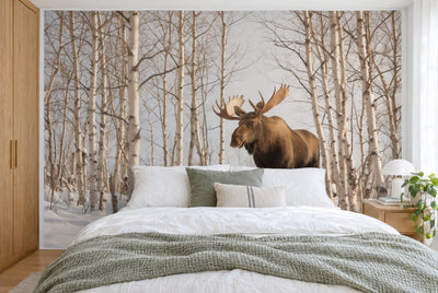 XXL printed fabric: moose with antlers right of centre, birches and snow all around, filling the wall behind the bed