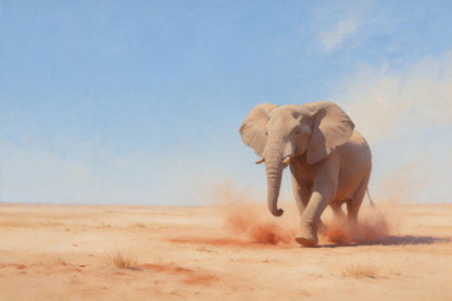 Elefant mit ausgebreiteten Ohren wirbelt roten Staub in der Savanne auf, als Wandtuch, auf Stoff gedruckt – Rot und Blau