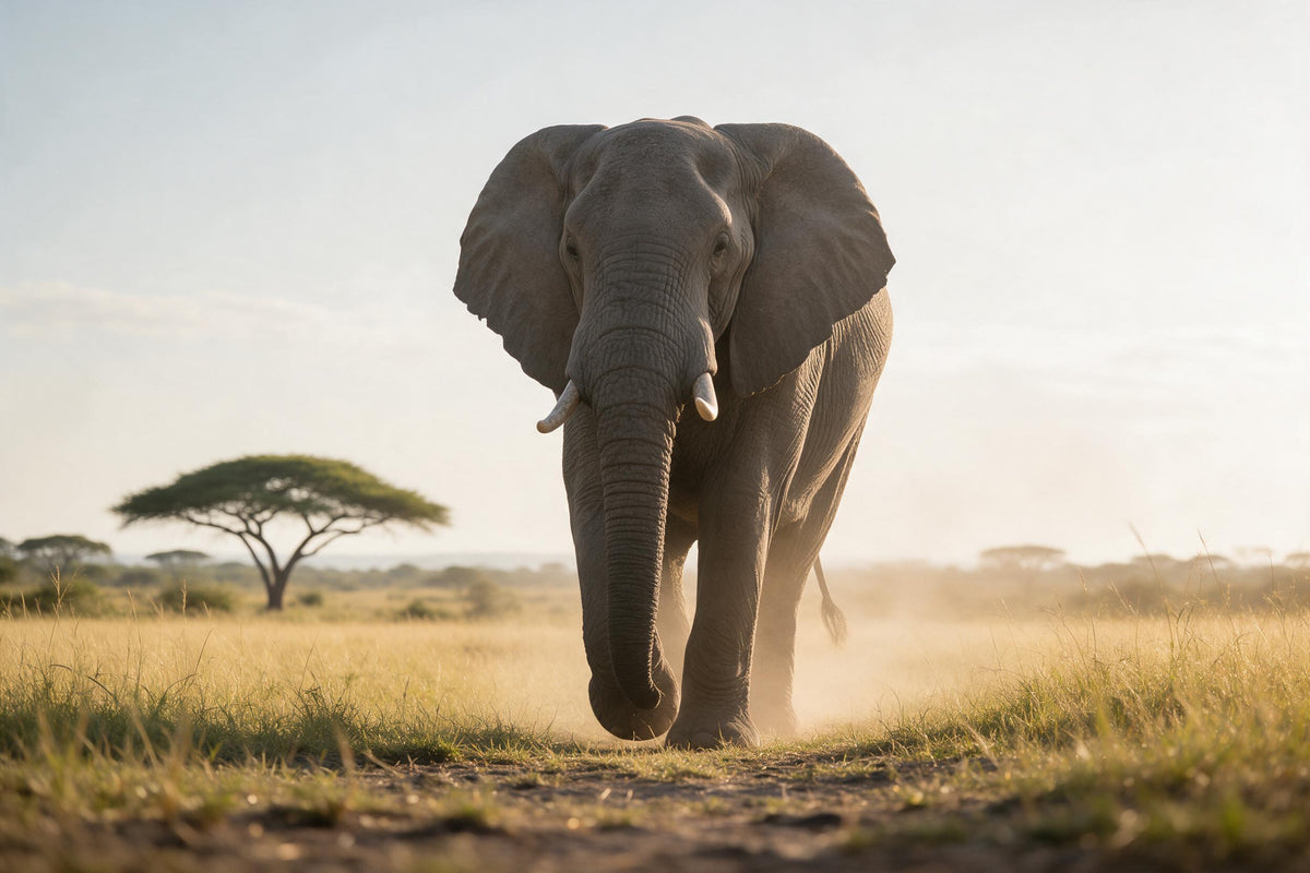 Elefante con colmillos en hierba dorada de sabana y una acacia, tapiz impreso en tela – gris y dorado