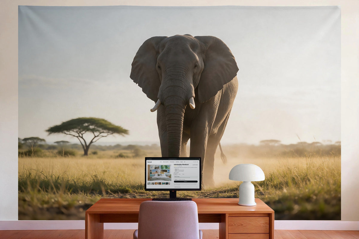 Déco murale dans le bureau derrière la table de travail : tenture murale Éléphant dans la savane, imprimée sur tissu