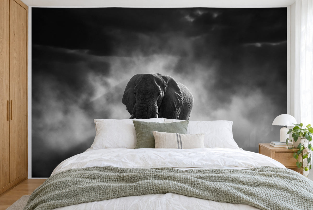 Large wall hanging Elephant in the Dust in Black and White in the bedroom, wall-filling behind the bed – printed tapestry