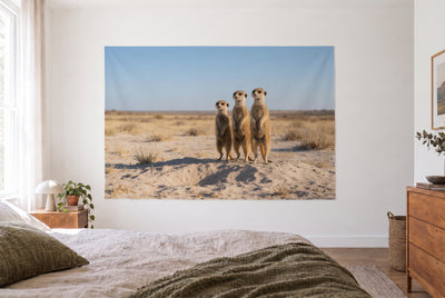 Tenture suricates aux aguets dans une chambre claire face au lit, commode en bois à droite – beige et bleu