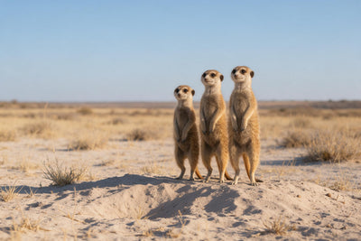 Trois suricates debout sur un monticule de sable dans la vaste steppe, tenture murale imprimée sur tissu – beige et brun