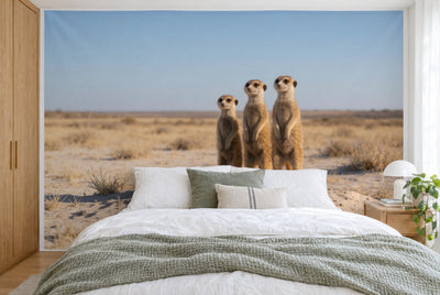 Tissu imprimé XXL : trois suricates aux aguets au centre, steppe et ciel tout autour, mur entier derrière le lit