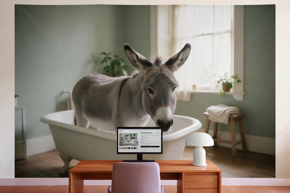 Decoración de pared en la oficina detrás del escritorio: tapiz de tela Burro en la bañera