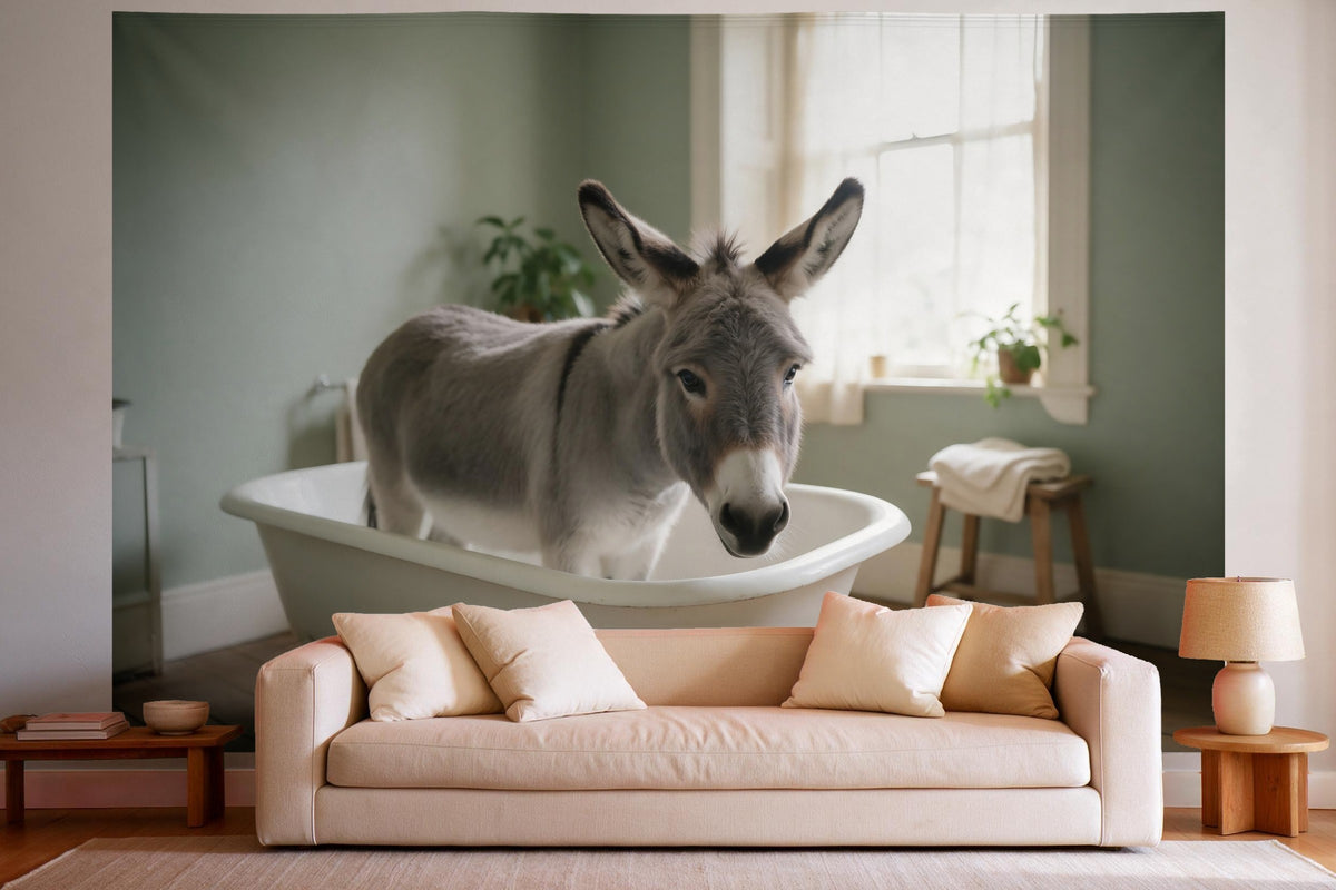 Tapiz de pared XXL Burro en la bañera como decoración en un salón luminoso sobre el sofá