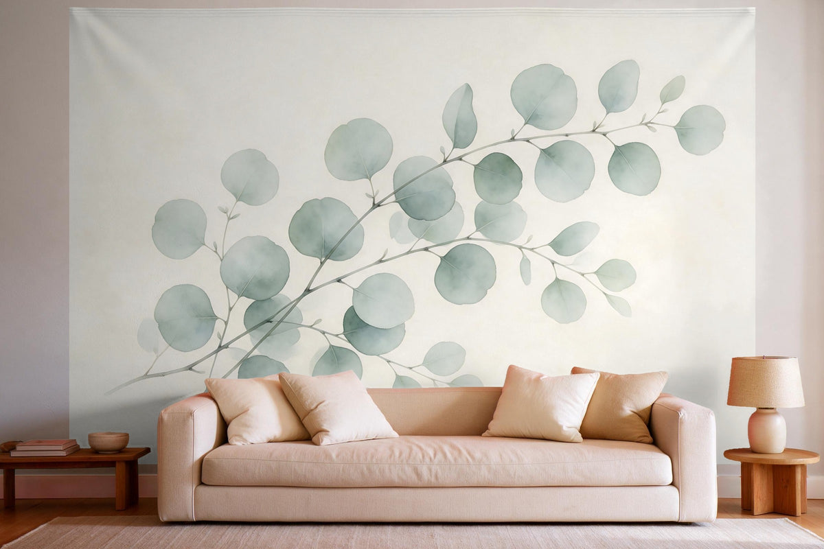 XXL wall tapestry Eucalyptus Branches in Watercolor as wall decor in a bright living room above the sofa
