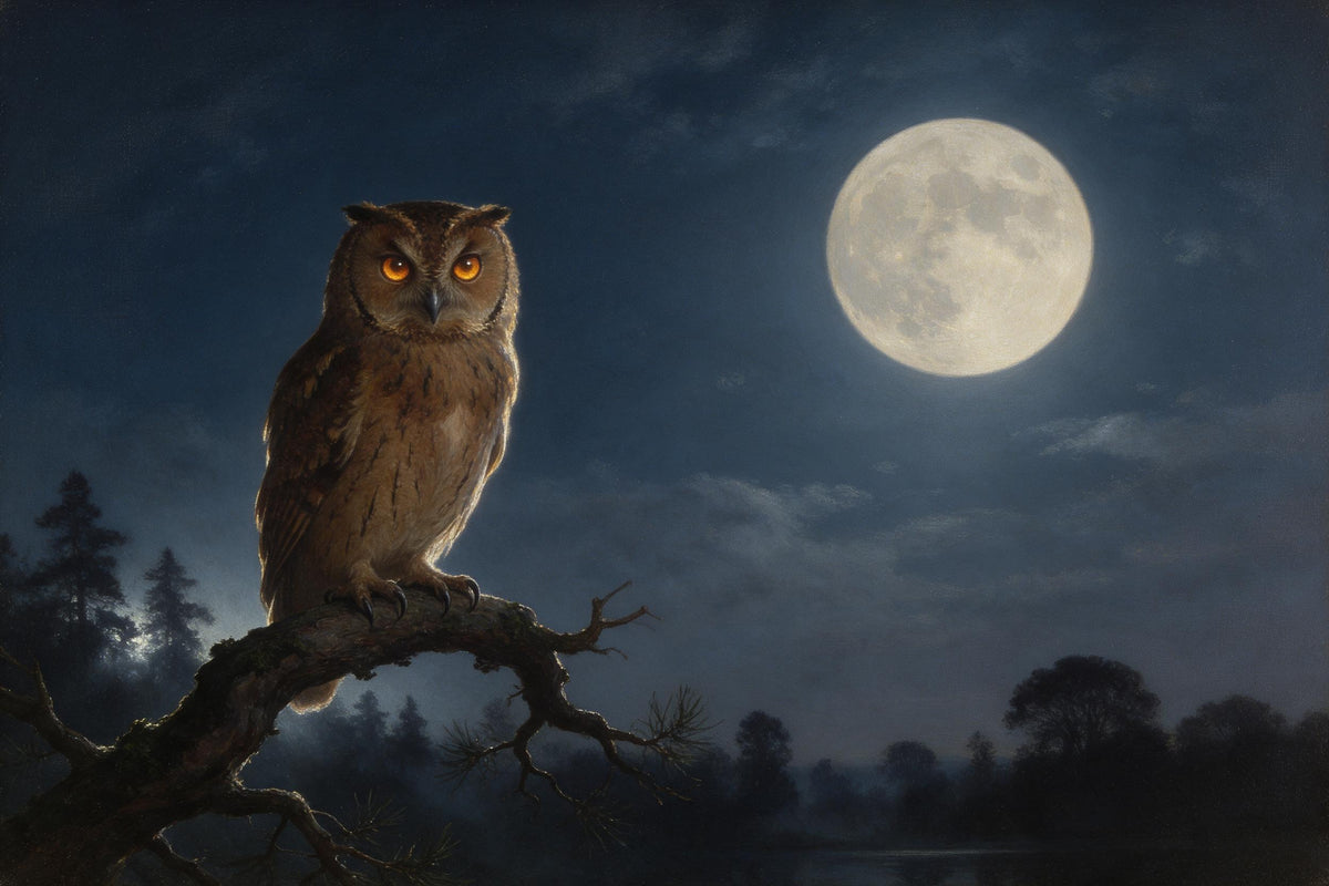 Owl with amber eyes on a gnarled branch in front of a large full moon, tapestry printed on fabric – night blue