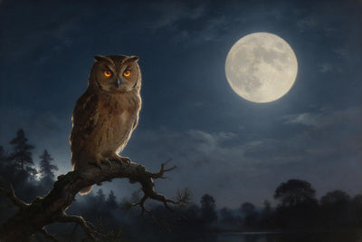 Búho de ojos ámbar en una rama nudosa ante una gran luna llena, tapiz impreso en tela – azul noche