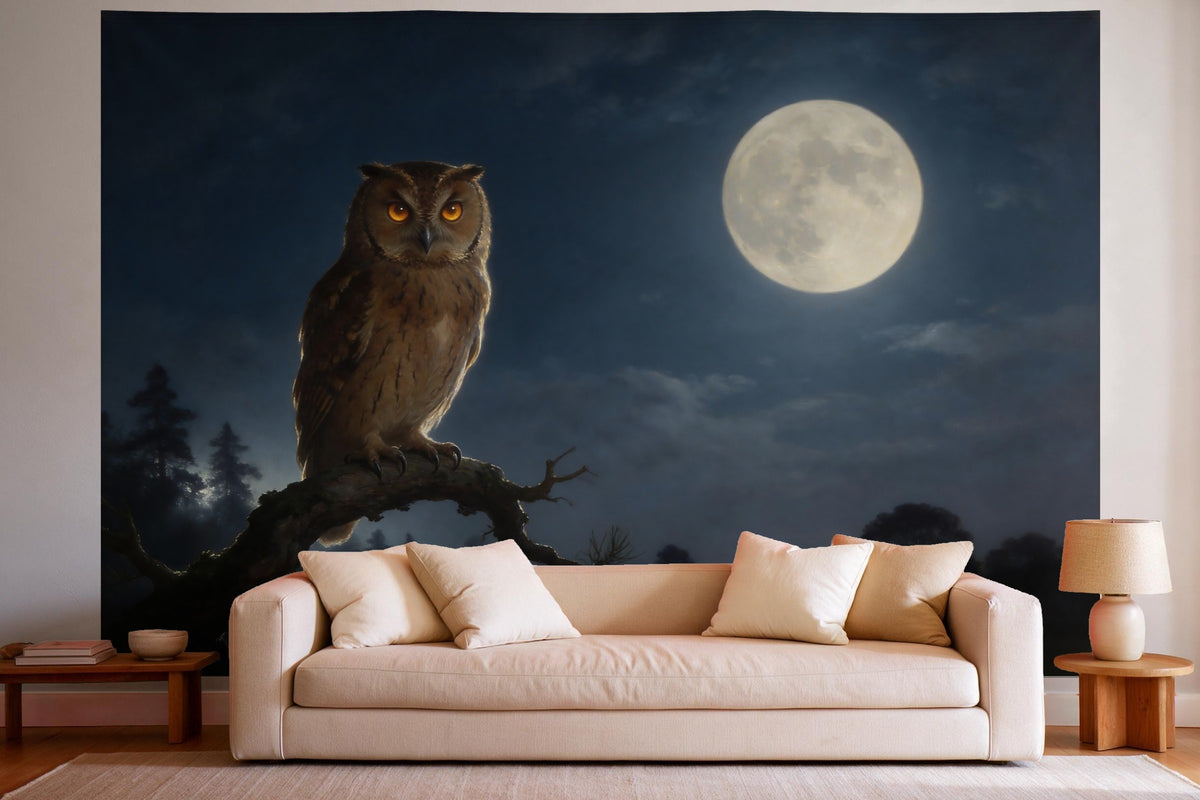 Wall decor in a bright living room above the sofa: printed fabric tapestry Owl in Moonlight in Oil
