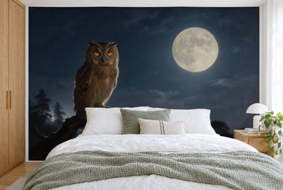Tapiz de pared grande Búho a la luz de la luna al óleo en el dormitorio, cubriendo la pared detrás de la cama – tela impresa